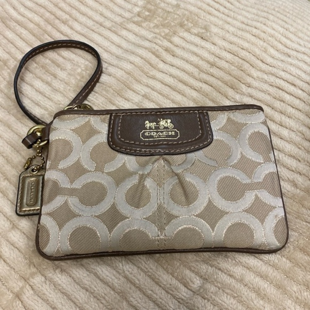 Coach Madison Khaki Brown Gold Signature Leather Wristlet Wallet